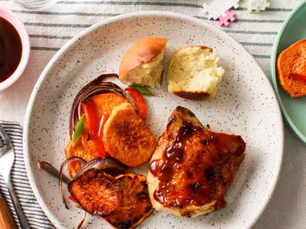 Saucy Sheet Pan Chicken with Sweet Potatoes and Peppers