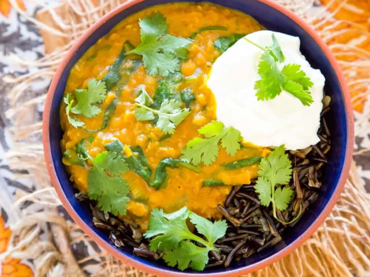 Wild Rice Bowl with Red Lentil Curry and Spinach