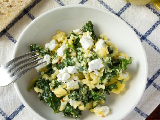 Scrambled Eggs with Goat Cheese, Greek Yogurt & Greens