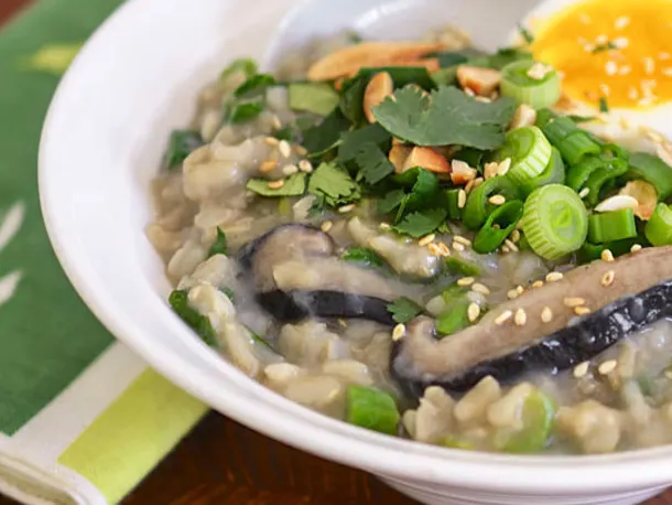 Brown Rice Congee with Shiitake Mushrooms and Greens