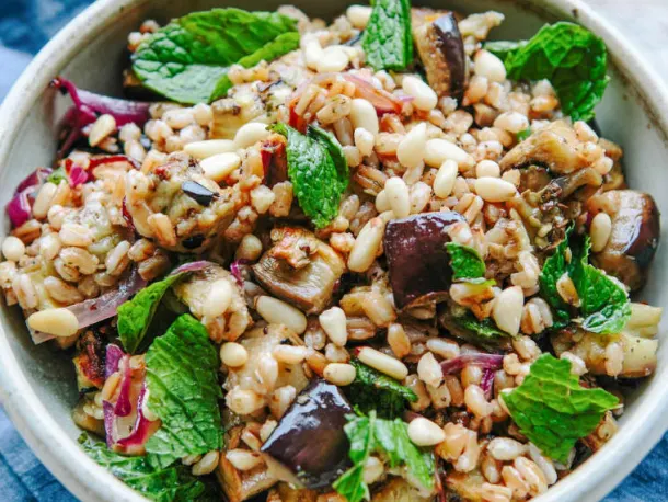 Farro Salad with Roasted Eggplant, Caramelized Onion, and Pine Nuts